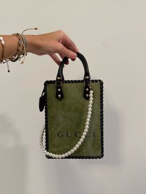 Olive Green Mini Tote with Black Trim and Pearl Strap